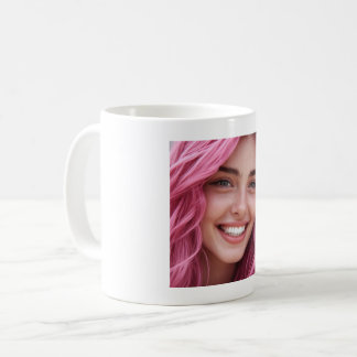 Kaffe kopp med kvinna med rosa hår som ler