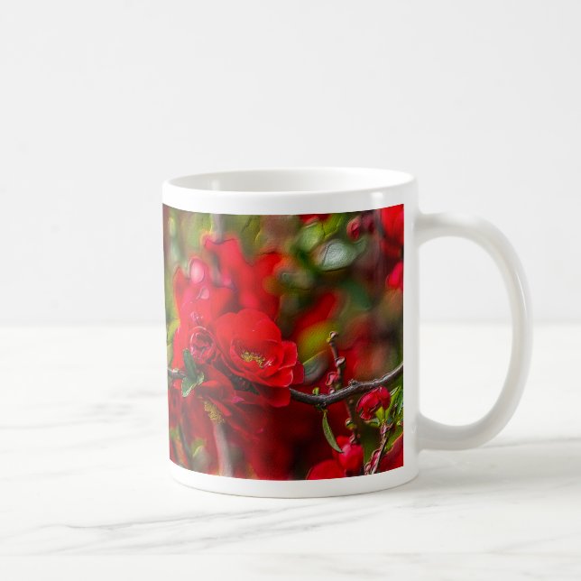 Kaffe kopp med målerisk kvist av japansk quince (Höger)