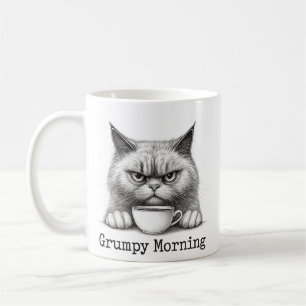 Kaffe kopp med sur katt på morgonen