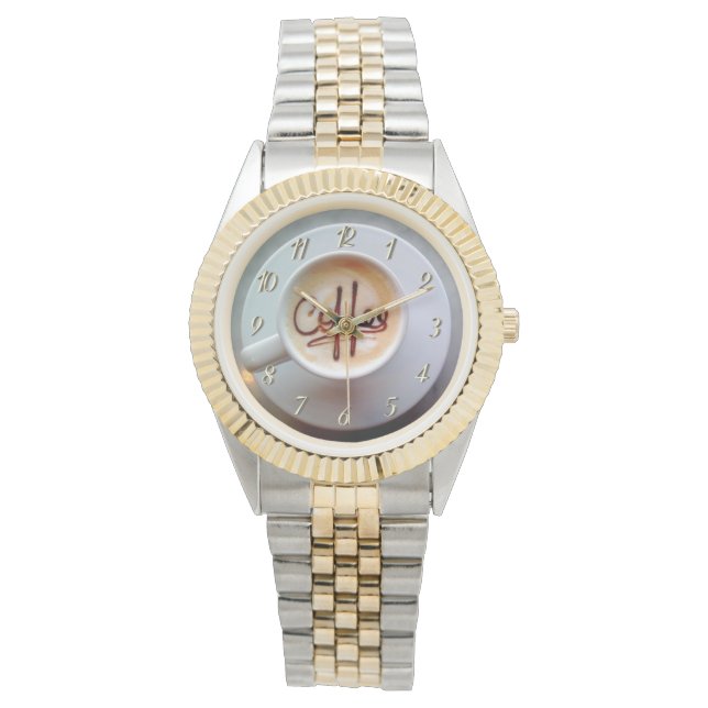 Kaffe kopp och saucer latte brunt vitt kaffe armbandsur (Framsida)