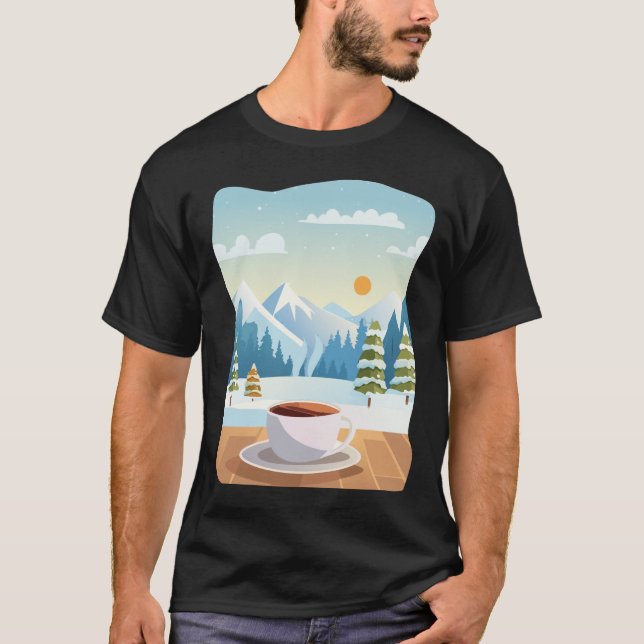 Kaffe Kopp och vinterbergsvy T Shirt (Framsida)