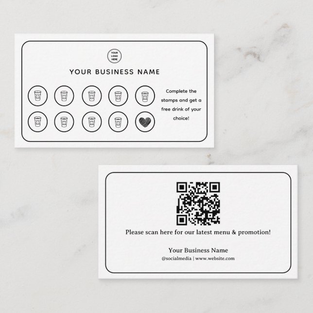 Kaffe Kopp QR-kod Lägg till Logotyp Lojalitetskort (Fram/baksida)