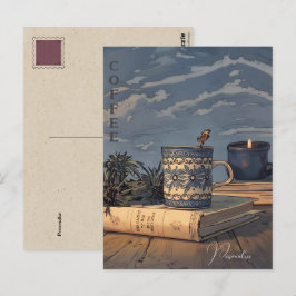 Kaffe kopp Vintage Bok Ljus Blå Himmel Moln Vykort