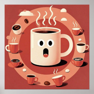 Kaffe koppar Browish Cute lustig Tecknad Poster