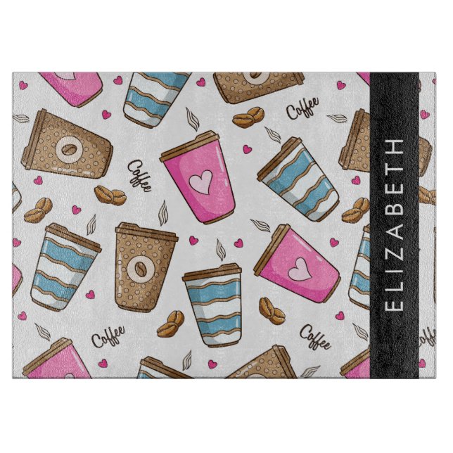 Kaffe koppar, kaffebönor, hjärter, ditt namn (Framsidan)