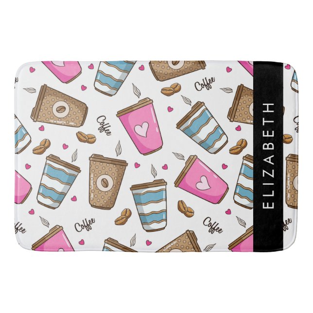 Kaffe koppar, kaffebönor, hjärter, ditt namn badrumsmatta (Framsidan)