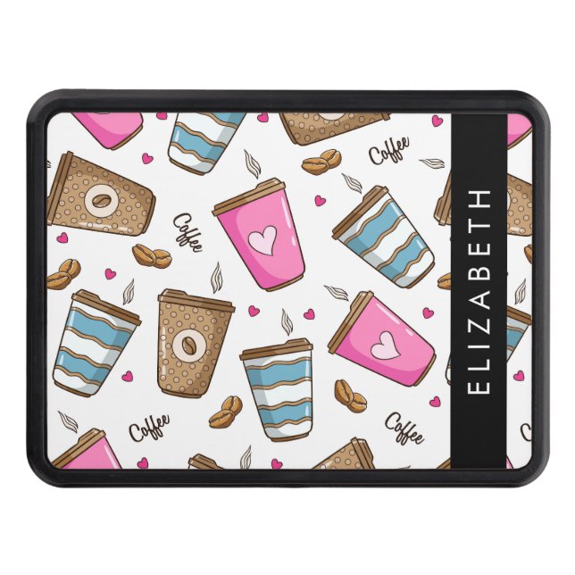 Kaffe koppar, kaffebönor, hjärter, ditt namn dragkroksskydd (Framsidan)