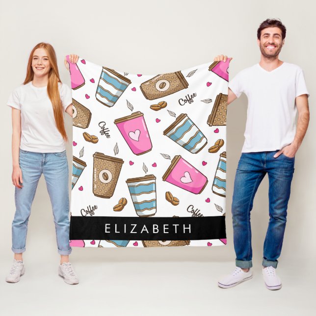 Kaffe koppar, kaffebönor, hjärter, ditt namn fleecefilt (På plats)