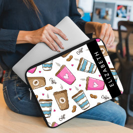 Kaffe koppar, kaffebönor, hjärter, ditt namn laptop fodral