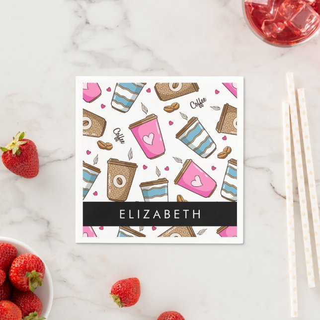 Kaffe koppar, kaffebönor, hjärter, ditt namn pappersservett (Insitu)