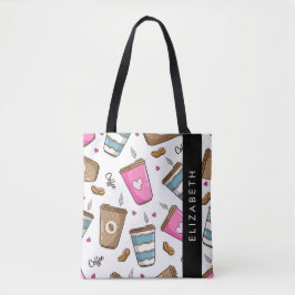 Kaffe koppar, kaffebönor, hjärter, ditt namn tygkasse