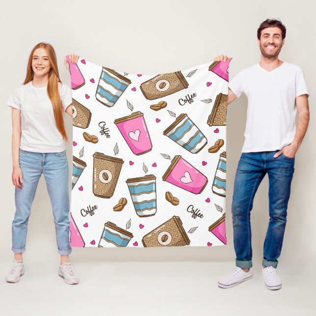 Kaffe koppar, kaffebönor, hjärter, kaffe Älskare Fleecefilt (På plats)