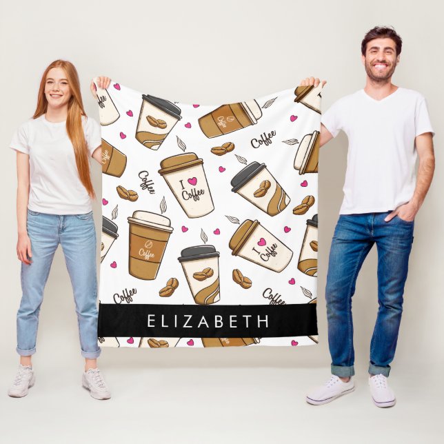 Kaffe koppar, kaffebönor, kaffe Älskare, ditt namn Fleecefilt (På plats)
