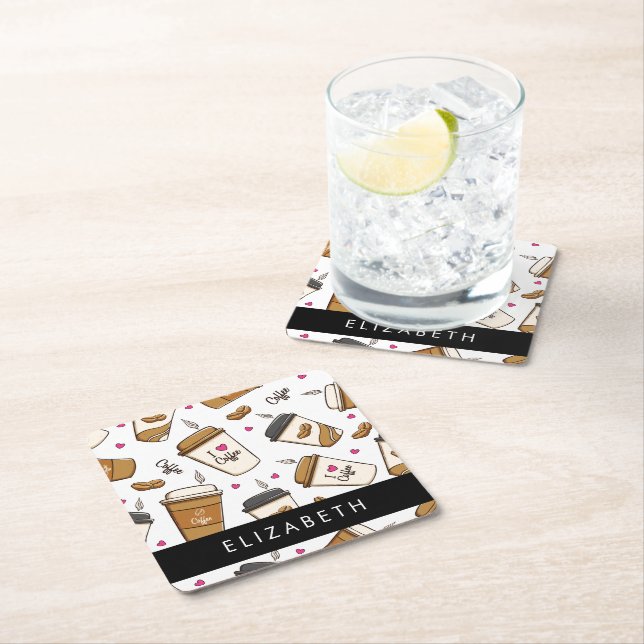 Kaffe koppar, kaffebönor, kaffe Älskare, ditt namn Underlägg Papper Kvadrat (Insitu)