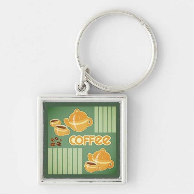 Kaffe koppar, kaffekruka och kaffebönor fyrkantig silverfärgad nyckelring (Framsidan)