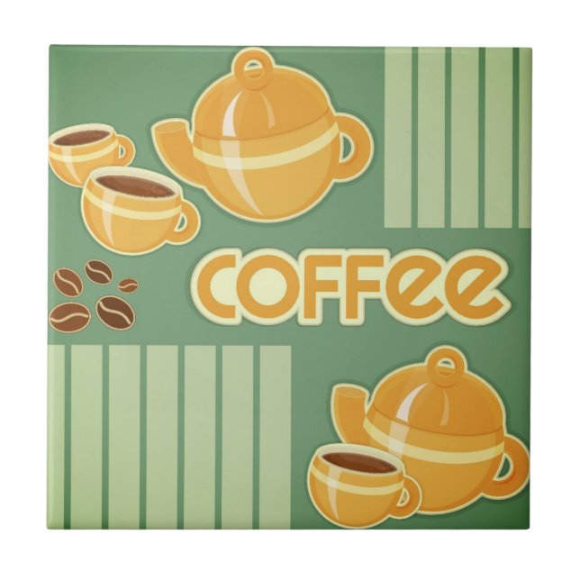 Kaffe koppar, kaffekruka och kaffebönor kakelplatta (Framsidan)