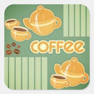 Kaffe koppar, kaffepot och kaffebönor fyrkantigt klistermärke