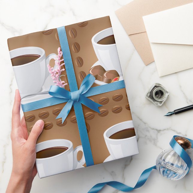 Kaffe koppar med bönor och choklad presentpapper (Skapare uppladdad)