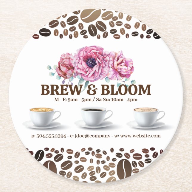 Kaffe koppar och blommor underlägg papper rund (Framsidan)