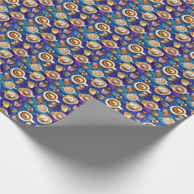 Kaffe koppar på blå vattenfärg Mönster Presentpapper (Hörn)