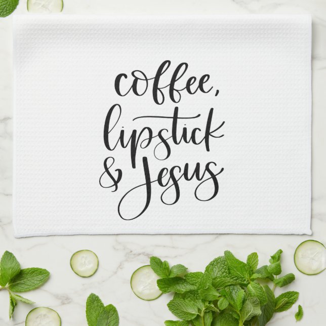 Kaffe Lipstick och Jesus Cute Roligt Kökshandduk (Vikta)