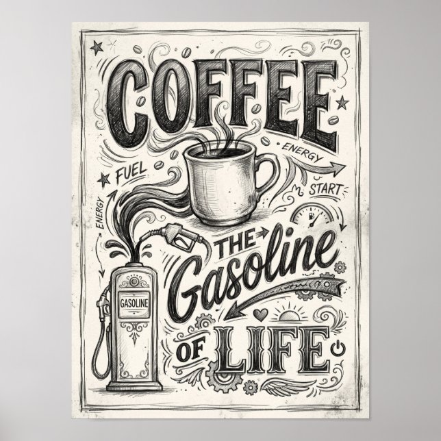 kaffe livets bensin poster (Framsidan)