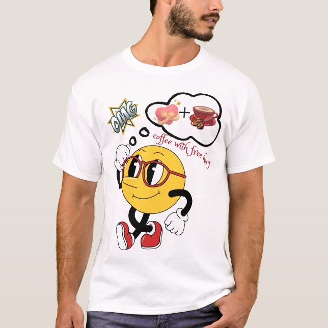 ☕ kaffe med fritt 🤗 | Cute Thinking Emoji T Shirt (Framsida)