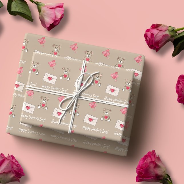  kaffe med , hörn och Anpassningsbar Presentpapper (Blush Coffee with Bear, Hearts, and Custom Message Wrapping Paper)
