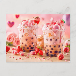 Kaffe med jordgubbar och jordgubbsis helg vykort