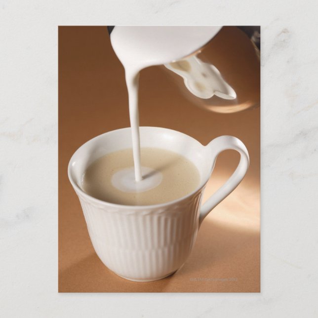 Kaffe med mjölk som hälls i vykort (Framsida)