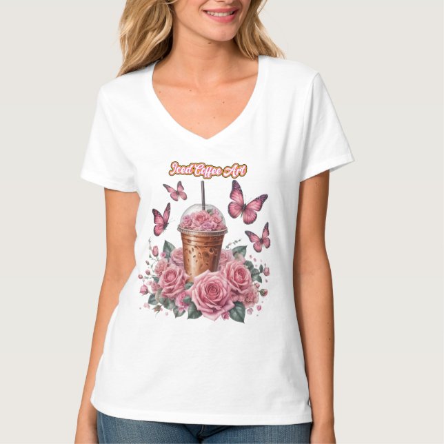 Kaffe med rosa ros T-Shirt (Framsida)