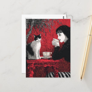 Kaffe med vit katt vykort