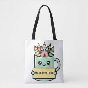 Kaffe Mug Med Pennor Tomt Tecken Pastell Grafisk Tygkasse