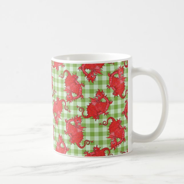 Kaffe Mugg med Cute Red Dragon på Grönt Gingham (Höger)