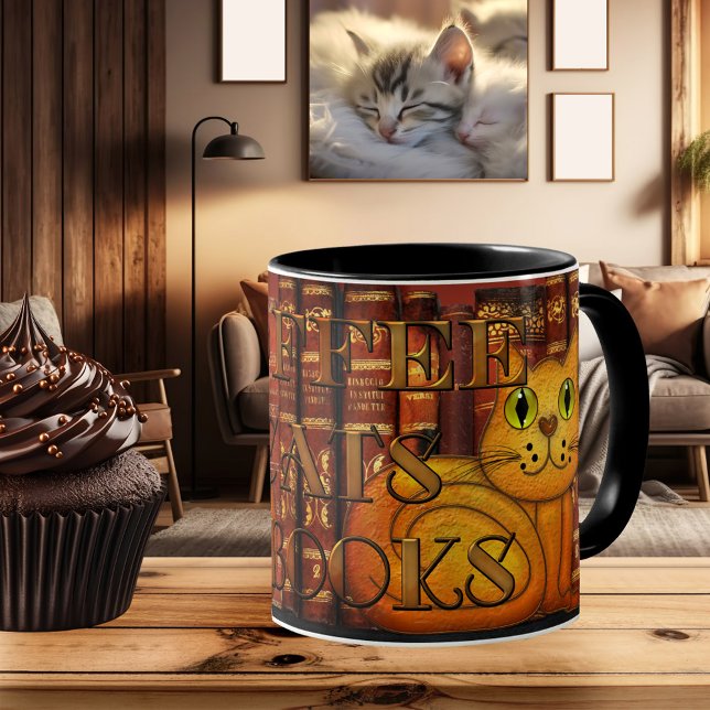 Kaffe och Bokar konstnärligt katt Lover Mugg (Mug featuring a painting of a cute cat on a background with vintage books. Coffee, cats and books)