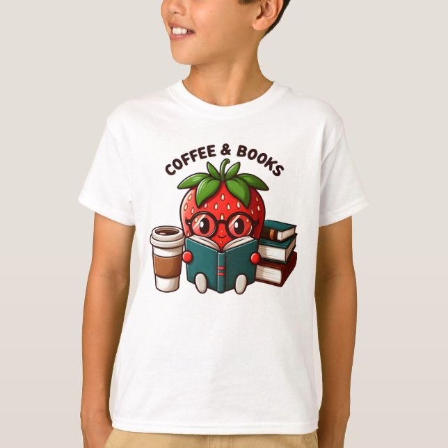 Kaffe och Bokar - Utkastsjordgubbskaraktär T Shirt (Framsida)