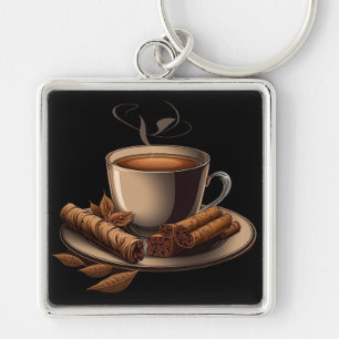 Kaffe- och cookies-nyckelkedja fyrkantig silverfärgad nyckelring