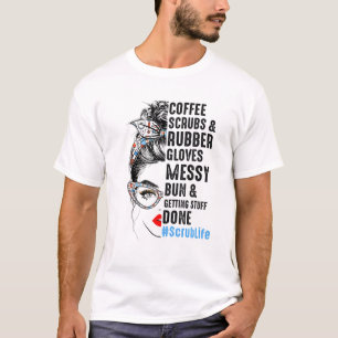 Kaffe och gummihandskar av sackaros och gummihands t shirt