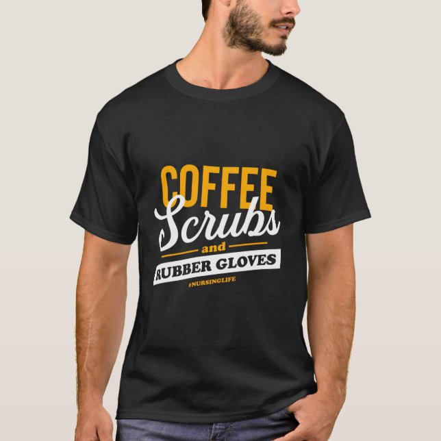 Kaffe- och gummihandskar samt dynäsa t shirt (Framsida)