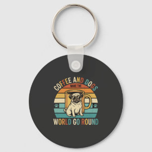 Kaffe och hundar Retro Pug Älskare Nyckelring