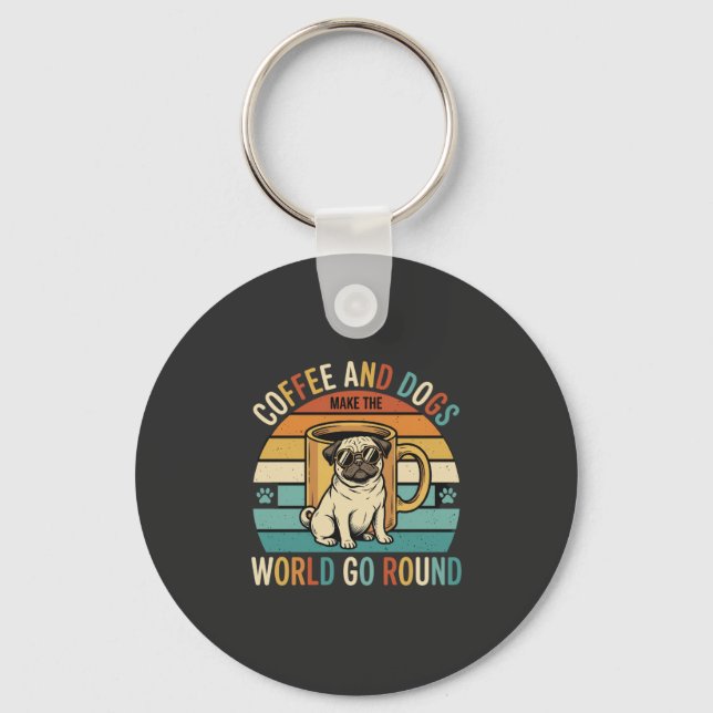 Kaffe och hundar Retro Pug Älskare Nyckelring (Framsida)