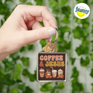 Kaffe och Jesus Christian Inspired Square Keychain Fyrkantig Silverfärgad Nyckelring