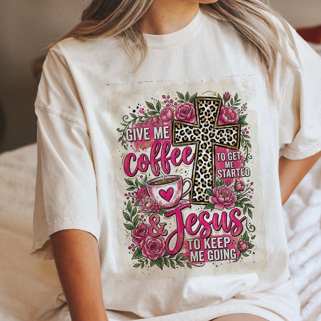 Kaffe och Jesus Rosa Blommig Leopard Kors Citat T Shirt (Skapare uppladdad)