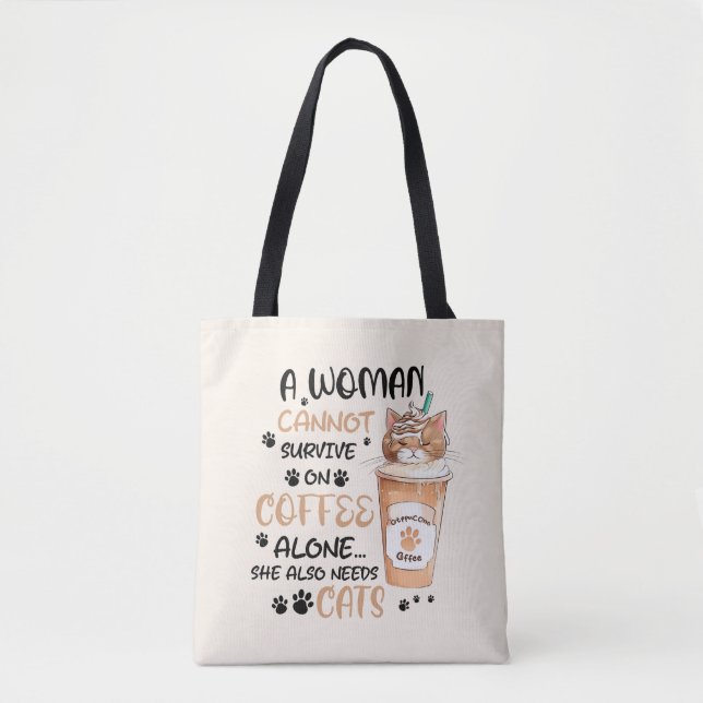 Kaffe och katt - Cute Kawaii Art Tygkasse (Framsida)