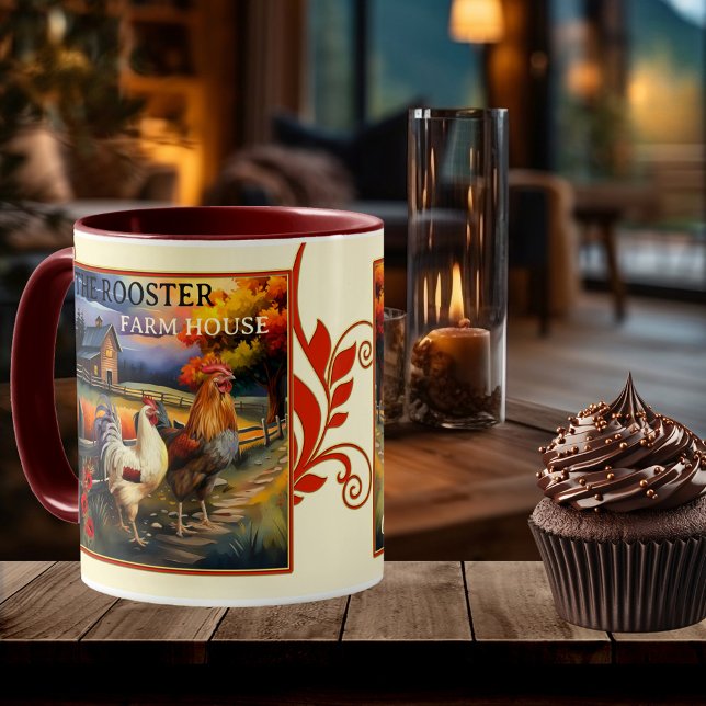 Kaffe och Kisses Tupp Farm House Mugg (Mug featuring a colorful fine art painting of a rooster and chicken with a farm house.)