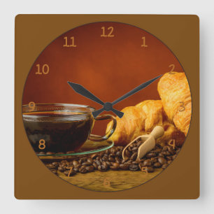 Kaffe och kroissant fyrkantig klocka