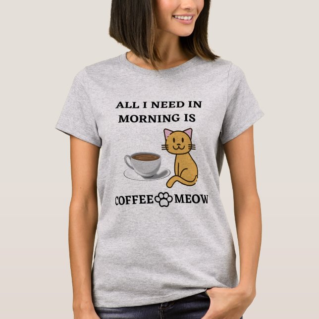 KAFFE OCH MEOW FÖR KATTLÅNGT T SHIRT (Framsida)