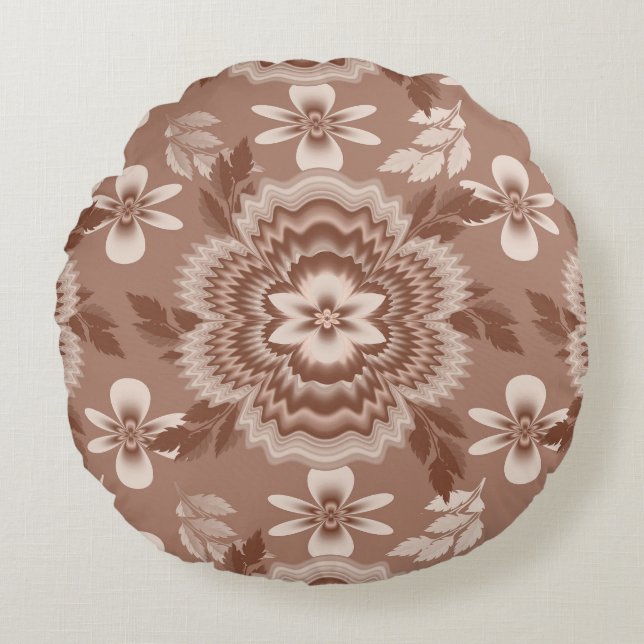 Kaffe och Mjölk Färg Flower Mönster Rund Kudde (Framsidan)