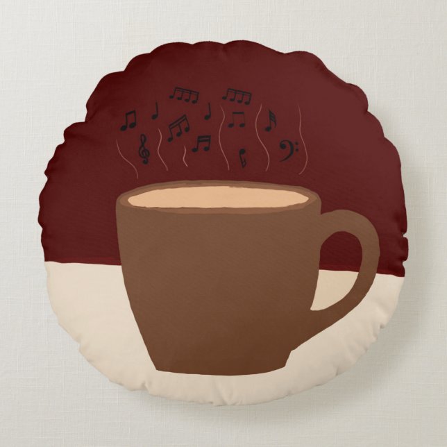 Kaffe och musik - kaffe Kopp med musikalisk ånga Rund Kudde (Framsidan)