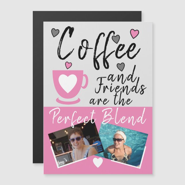 Kaffe och vänner, rosa-foto, kylskåp magnetisk inbjudningskort (Fram/baksida)